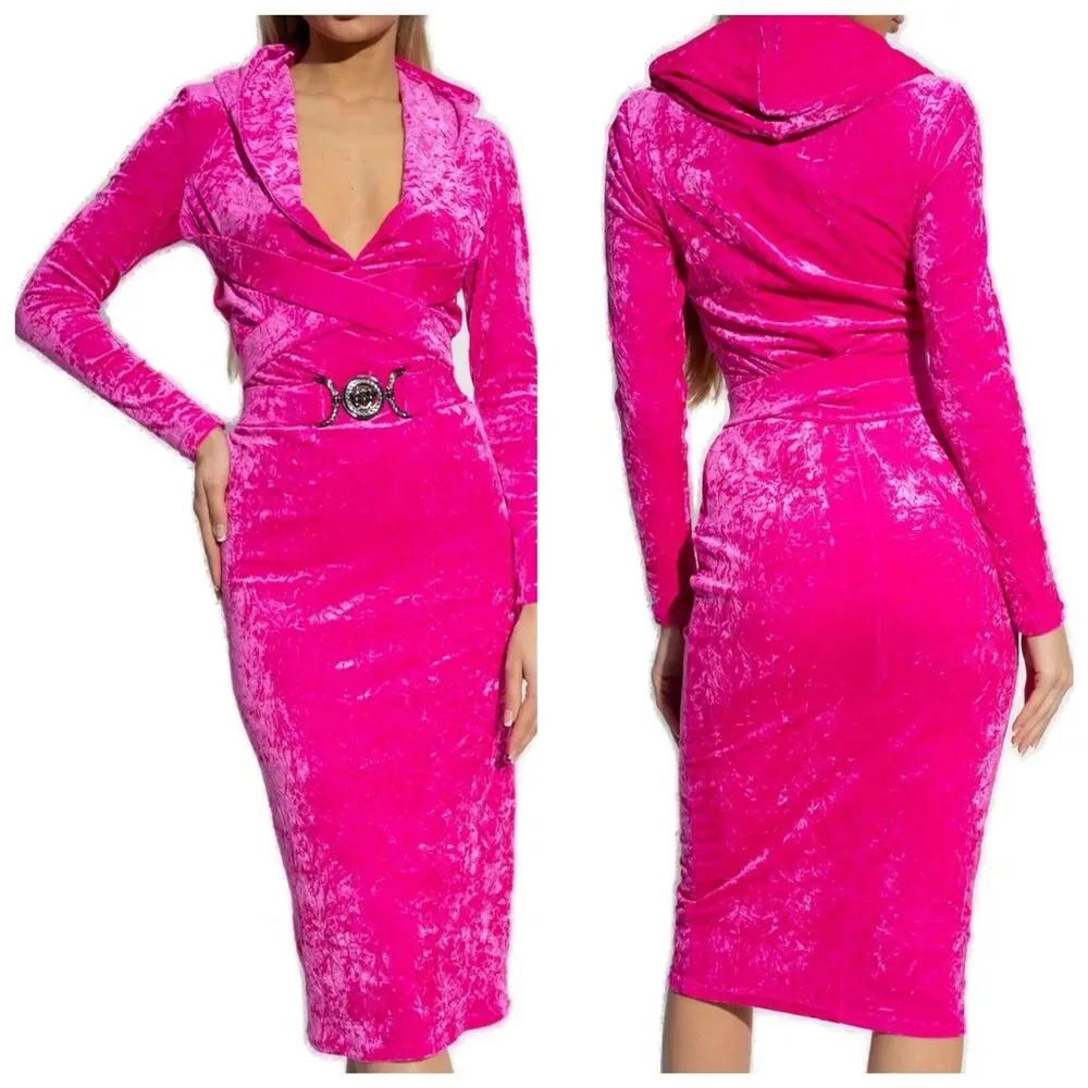 NWT Versace 40 US 4 Runway Biggie Medusa Pink Crushed Velvet Midi Dress $3,225 - Picture 2 of 16